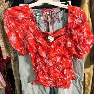 Ava & Viv Red and Blue Ruched Tie Front Blouse